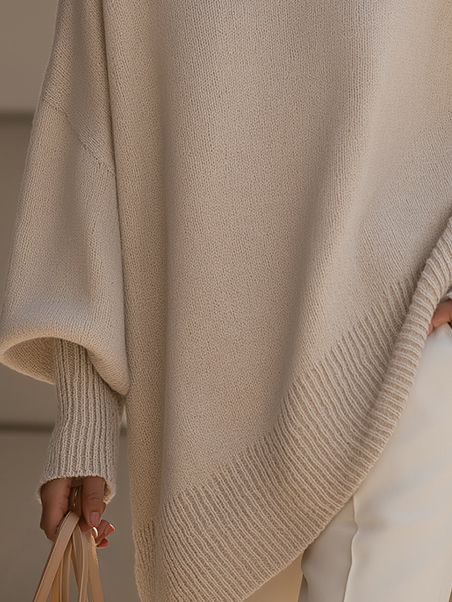 Femme Pull Oversize Poncho col Rond et Manches Chauve-souris