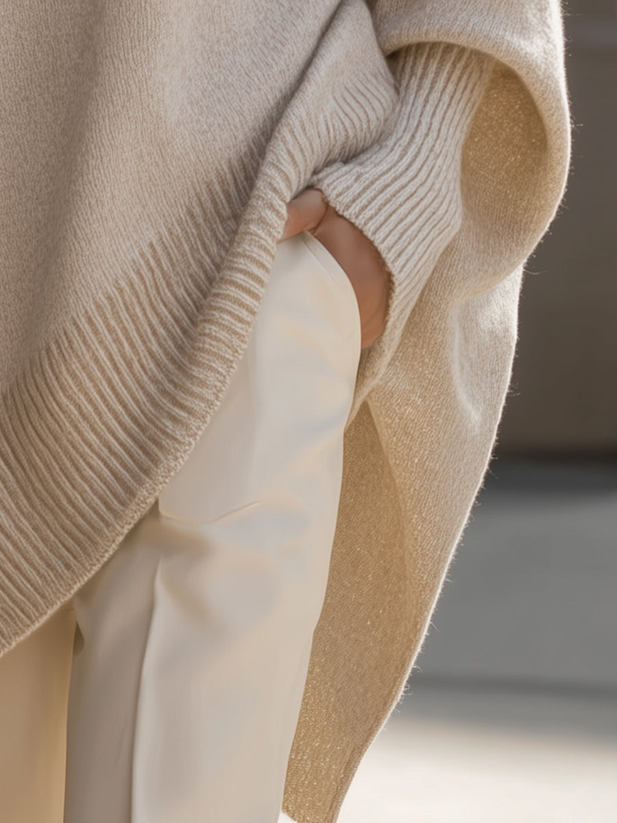 Femme Pull Oversize Poncho col Rond et Manches Chauve-souris