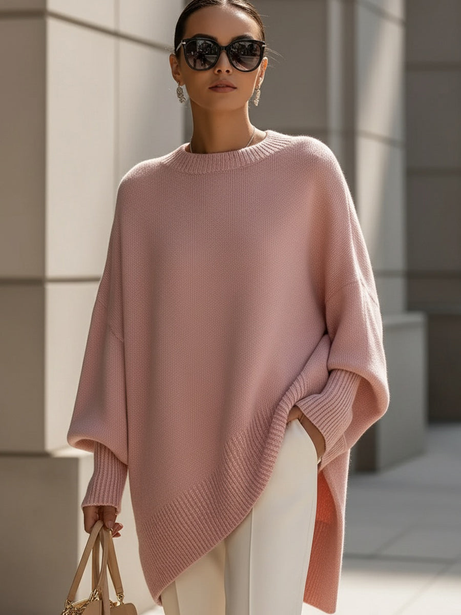 Femme Pull Oversize Poncho col Rond et Manches Chauve-souris