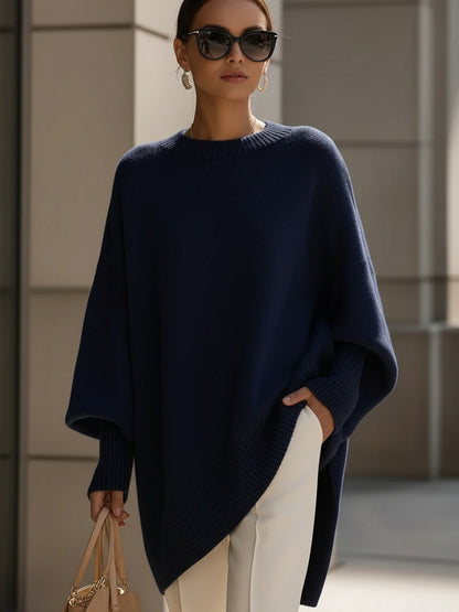 Femme Pull Oversize Poncho col Rond et Manches Chauve-souris