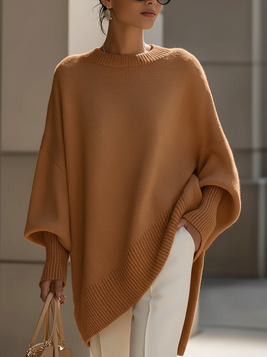 Femme Pull Oversize Poncho col Rond et Manches Chauve-souris