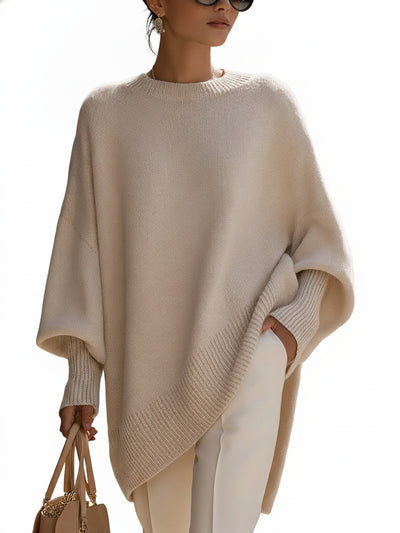 Femme Pull Oversized à Manches Chauve-Souris et Col Rond avec Ourlet Asymétrique