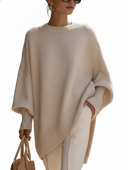 Femme Pull Oversized à Manches Chauve-Souris et Col Rond avec Ourlet Asymétrique