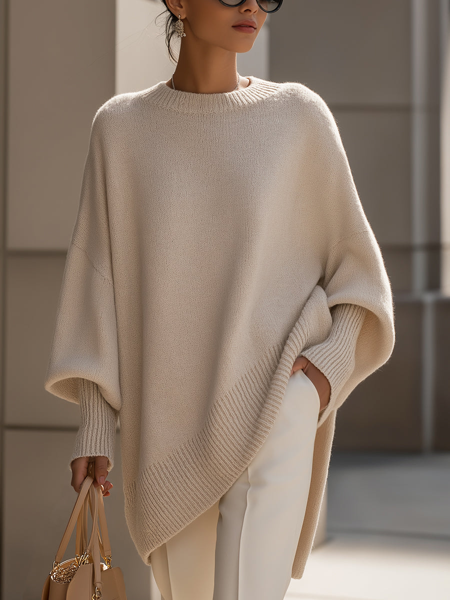 Femme Pull Oversized à Manches Chauve-Souris et Col Rond avec Ourlet Asymétrique