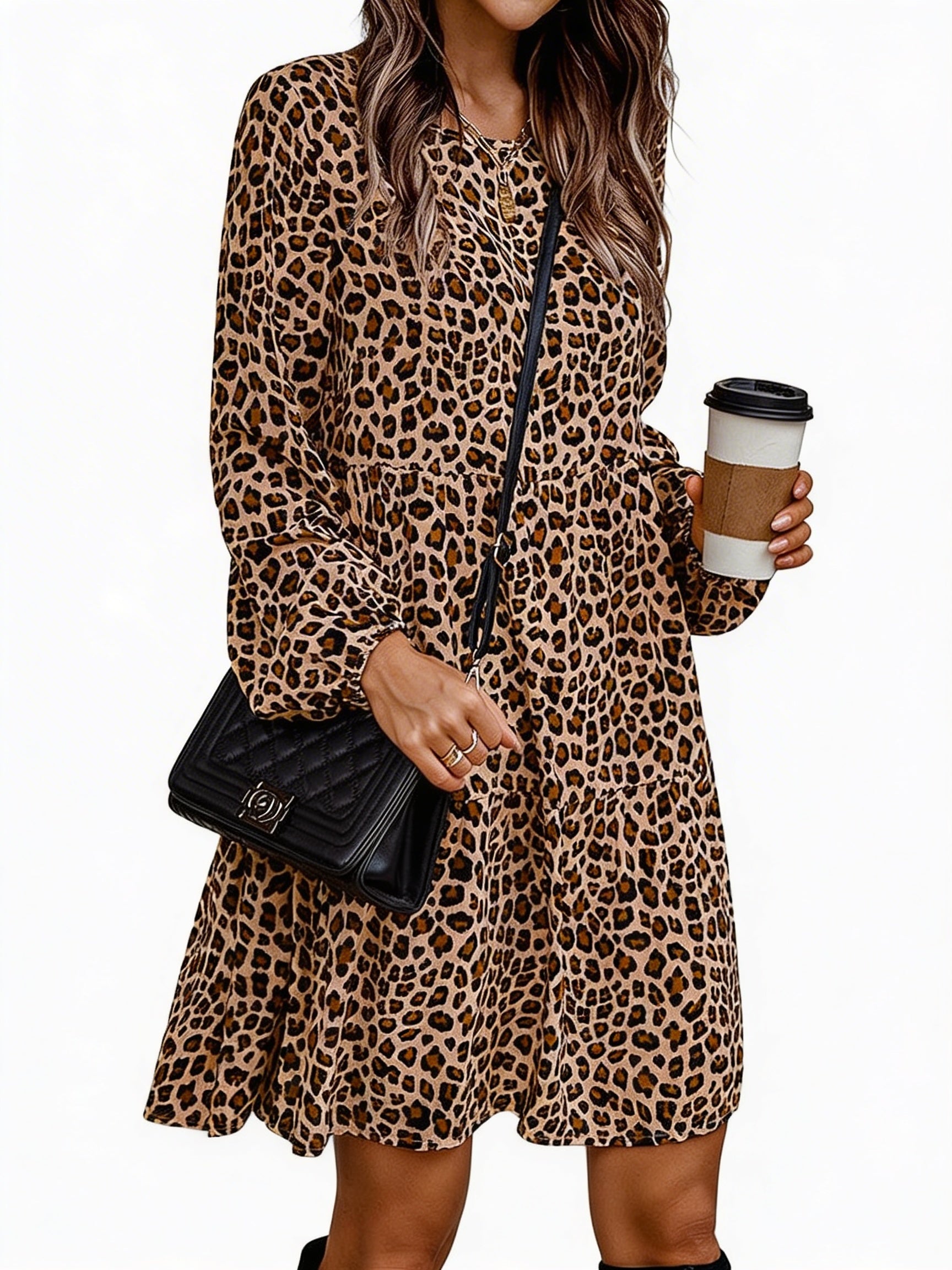 Femme Robe Ample à Manches Longues avec Imprimé Léopard et Volants
