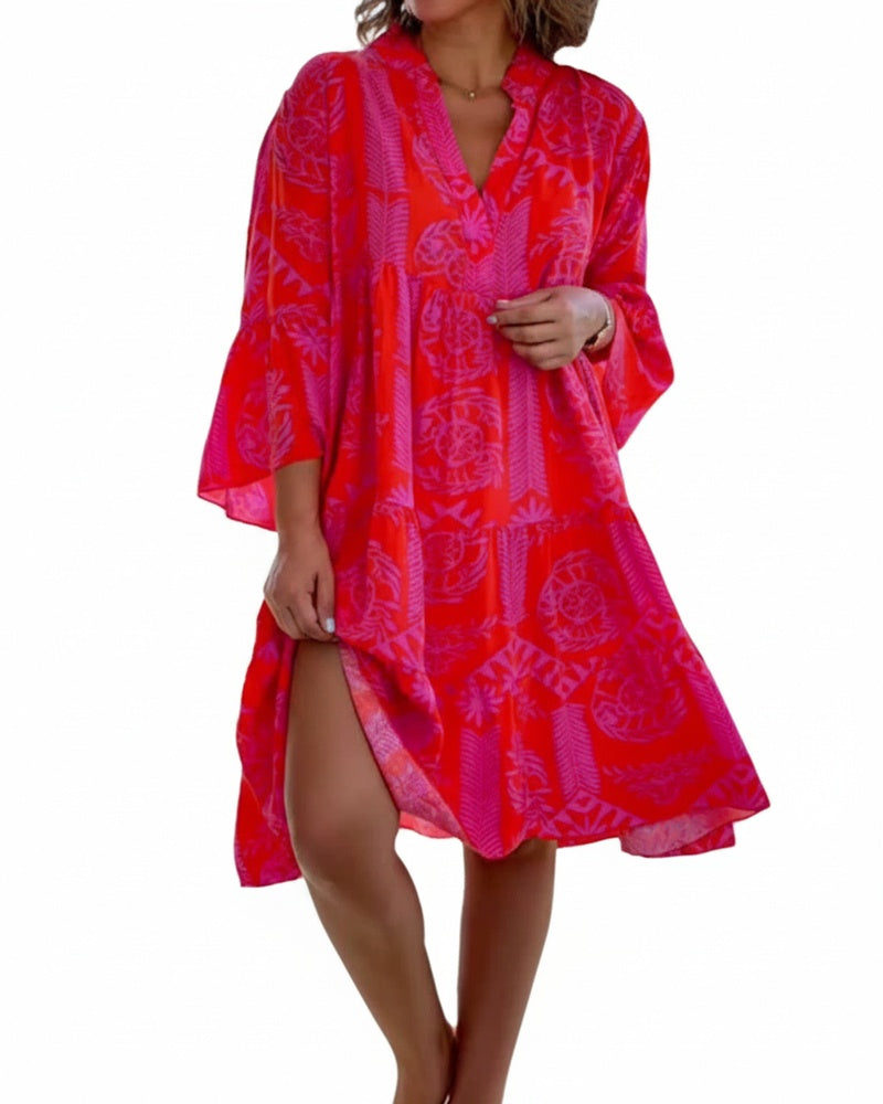 Femme Robe Boho Midi Ample à Col en V et Manches Trois-quarts Évasées avec Imprimé Géométrique