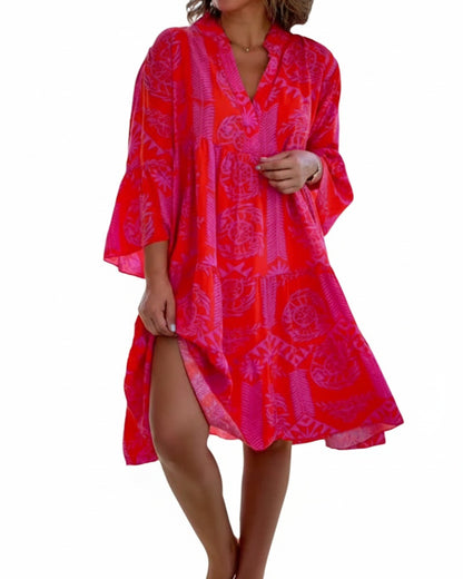 Femme Robe Boho Midi Ample à Col en V et Manches Trois-quarts Évasées avec Imprimé Géométrique