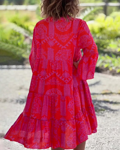 Femme Robe Boho Midi Ample à Col en V et Manches Trois-quarts Évasées avec Imprimé Géométrique