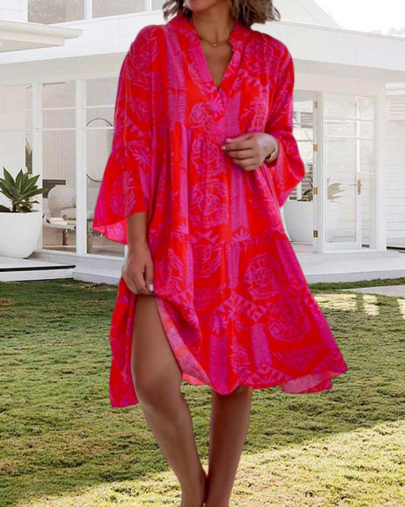 Femme Robe Boho Midi Ample à Col en V et Manches Trois-quarts Évasées avec Imprimé Géométrique