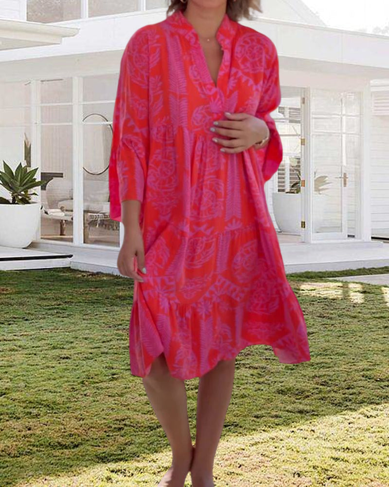 Femme Robe Boho Midi Ample à Col en V et Manches Trois-quarts Évasées avec Imprimé Géométrique