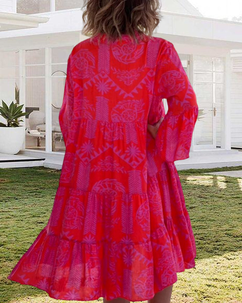 Femme Robe Boho Midi Ample à Col en V et Manches Trois-quarts Évasées avec Imprimé Géométrique
