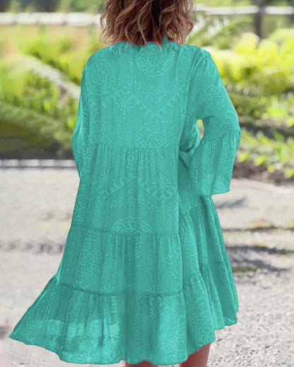 Femme Robe Boho Midi Ample à Col en V et Manches Trois-quarts Évasées avec Imprimé Géométrique