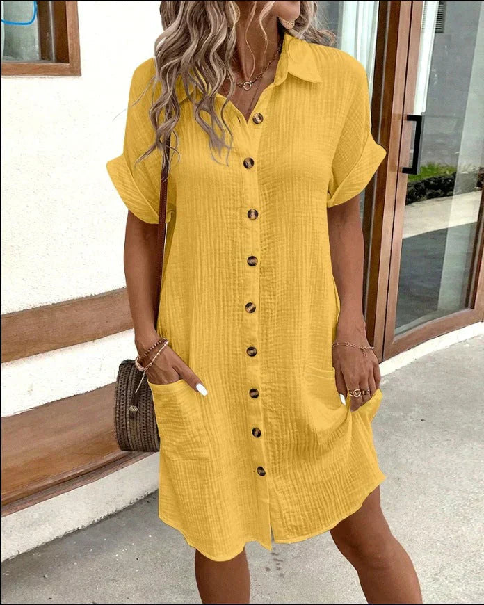 Femme Robe Chemise Courte à Manches Courtes avec Col et Poches