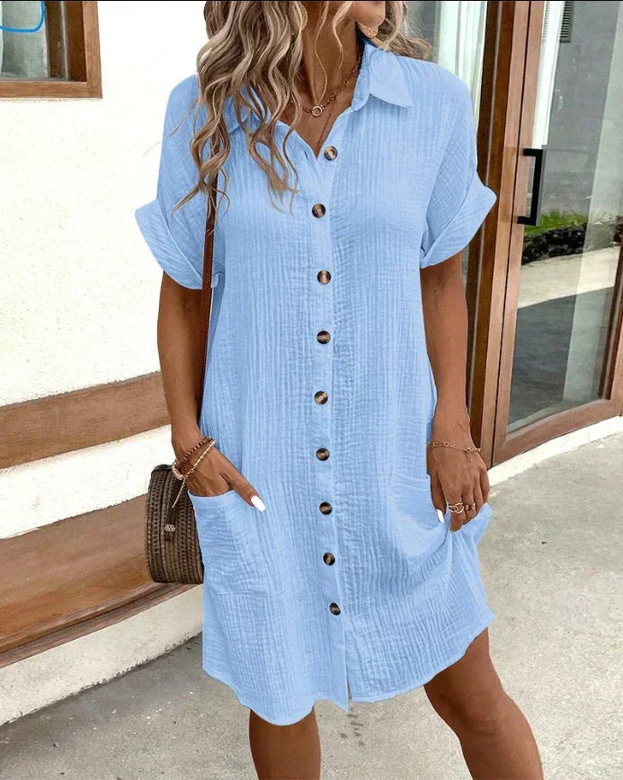 Femme Robe Chemise Courte à Manches Courtes avec Col et Poches