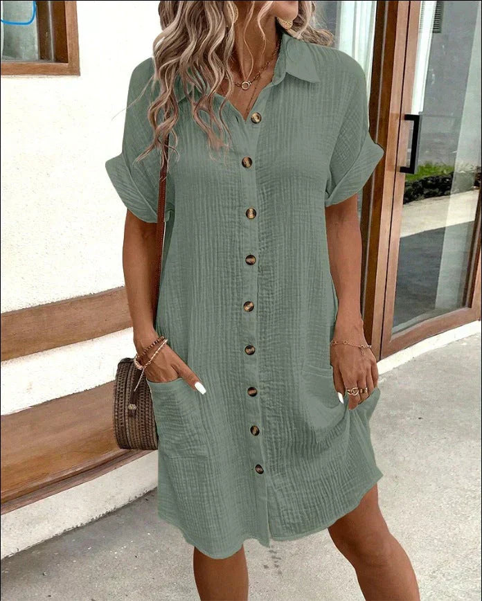 Femme Robe Chemise Courte à Manches Courtes avec Col et Poches