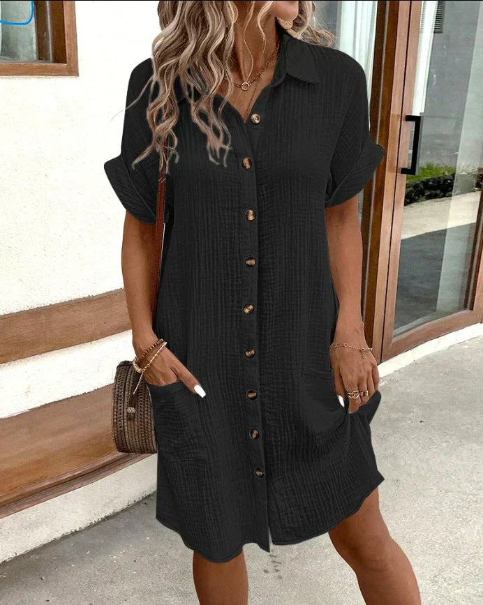 Femme Robe Chemise Courte à Manches Courtes avec Col et Poches