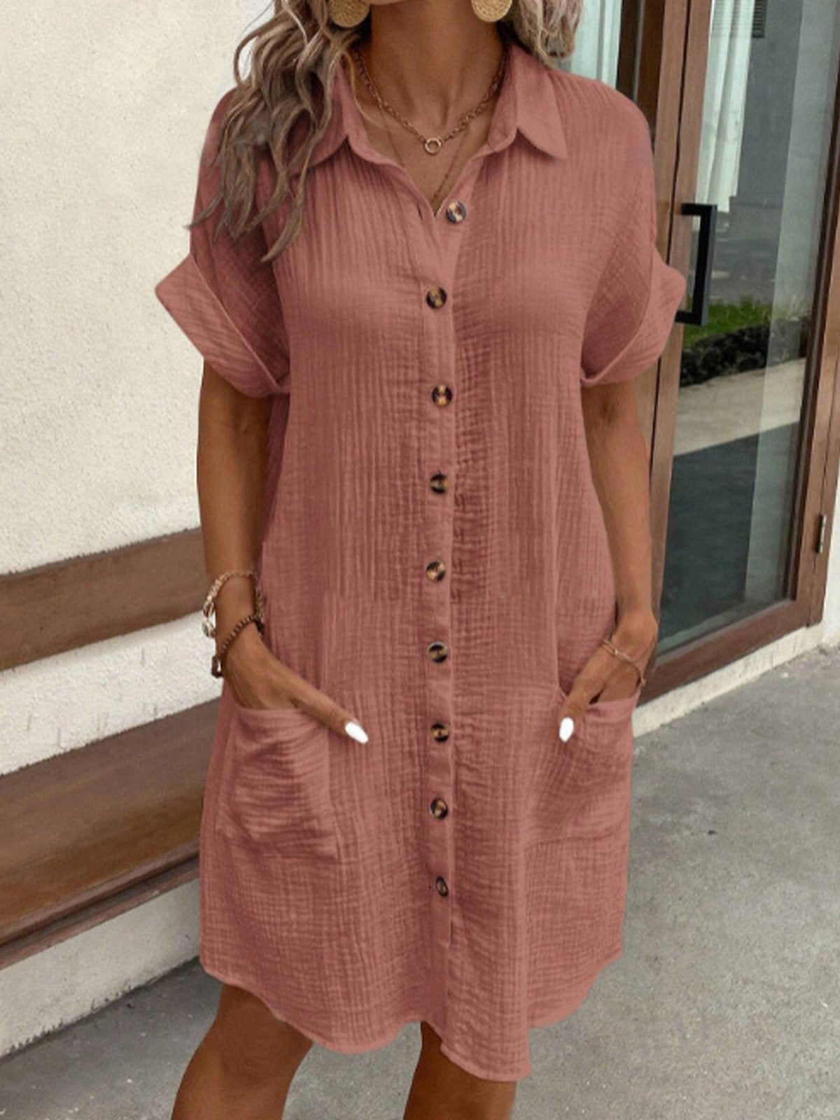 Femme Robe Chemise Courte à Manches Courtes avec Col et Poches
