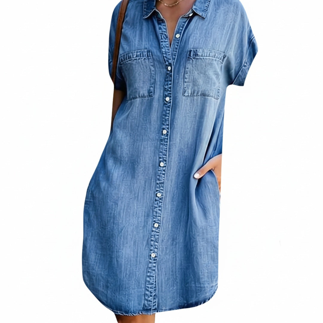 Femme Robe Chemise Jean Courte Manche Courte avec Col Chemisier et Poches