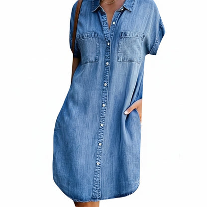 Femme Robe Chemise Jean Courte Manche Courte avec Col Chemisier et Poches