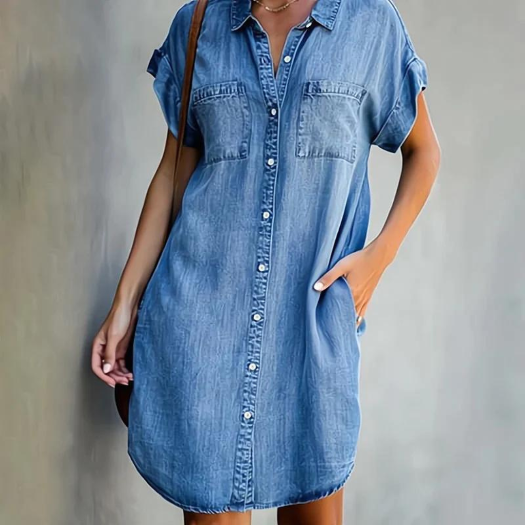 Femme Robe Chemise Jean Courte Manche Courte avec Col Chemisier et Poches