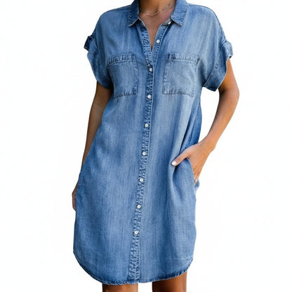 Femme Robe Chemise Jean Courte Manches Courtes avec Col Rabattu et Poches