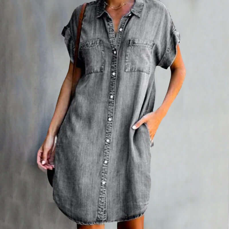 Femme Robe Chemise Jean Courte Manches Courtes avec Col Rabattu et Poches