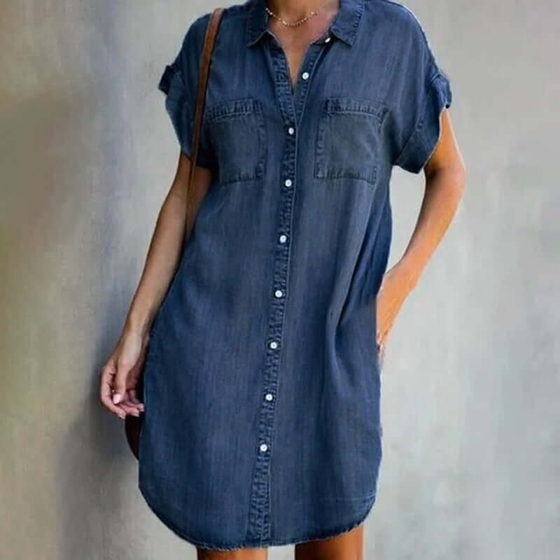 Femme Robe Chemise Jean Courte Manches Courtes avec Col Rabattu et Poches