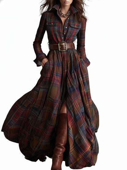 Femme Robe Chemise Longue à Carreaux avec Ceinture et Col Chemisier