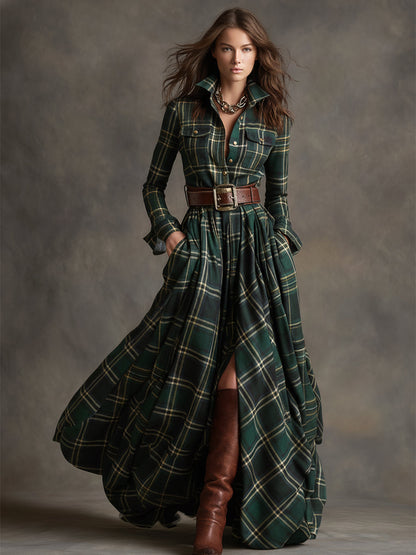 Femme Robe Chemise Longue à Carreaux avec Ceinture et Col Chemisier
