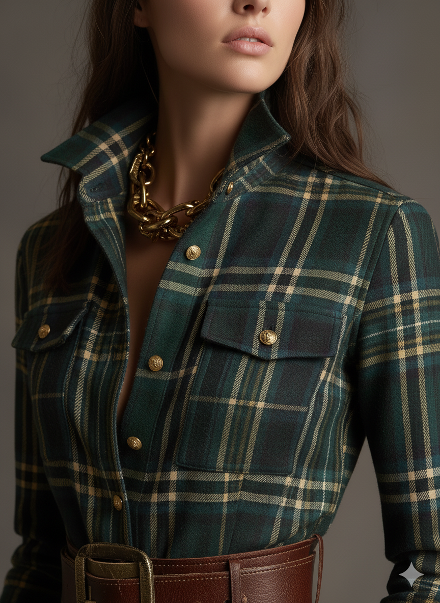 Femme Robe Chemise Longue à Carreaux avec Ceinture et Col Chemisier