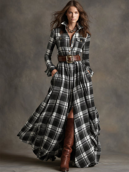 Femme Robe Chemise Longue à Carreaux avec Ceinture et Col Chemisier