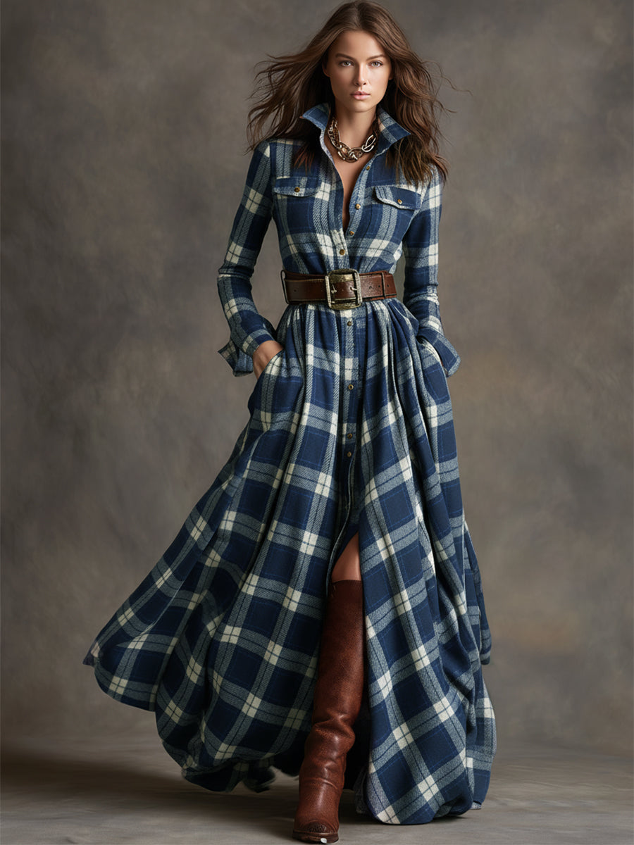 Femme Robe Chemise Longue à Carreaux avec Ceinture et Col Chemisier