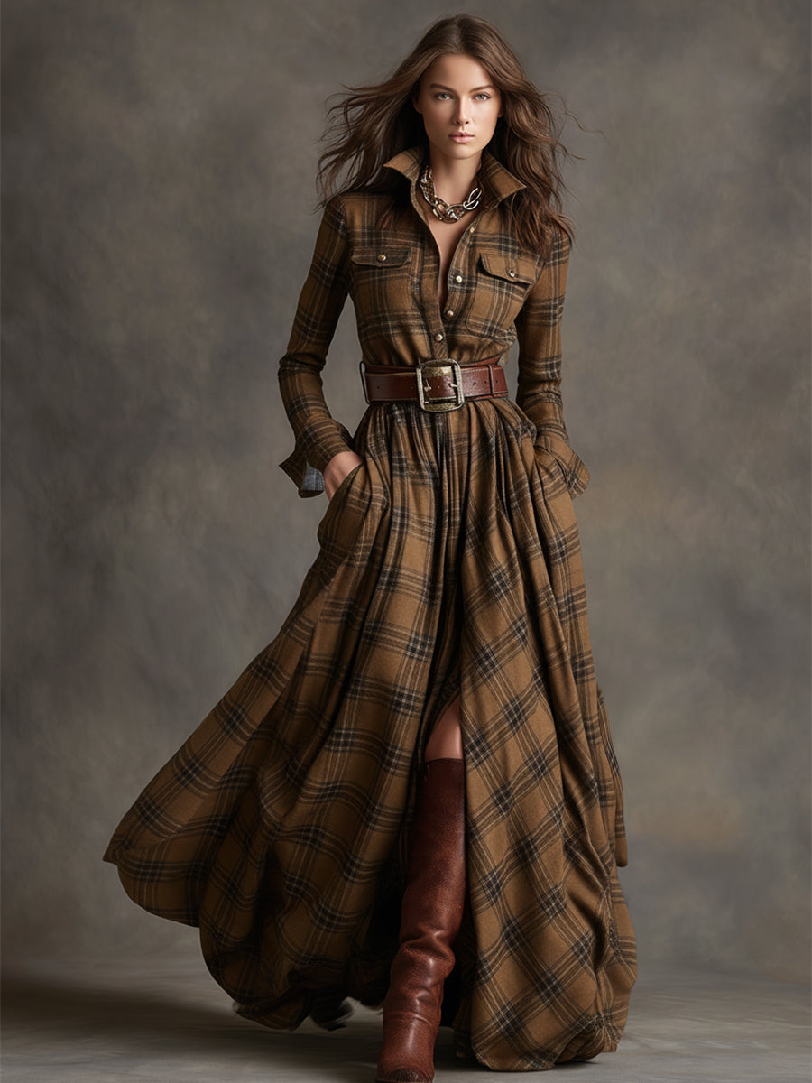 Femme Robe Chemise Longue à Carreaux avec Ceinture et Col Chemisier
