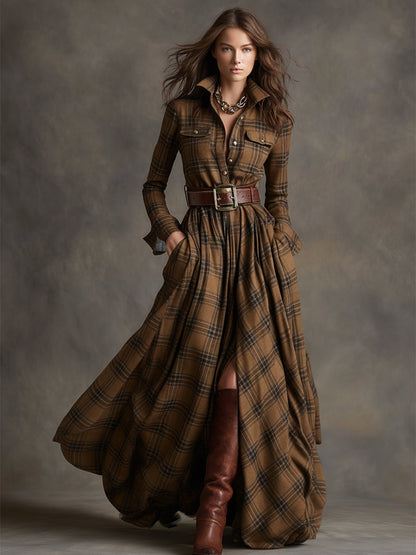 Femme Robe Chemise Longue à Carreaux avec Ceinture et Col Chemisier