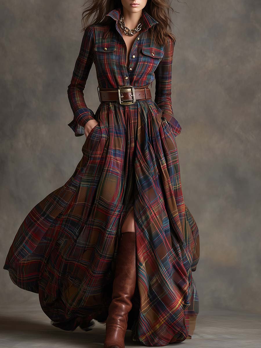 Femme Robe Chemise Longue à Carreaux avec Ceinture et Col Chemisier