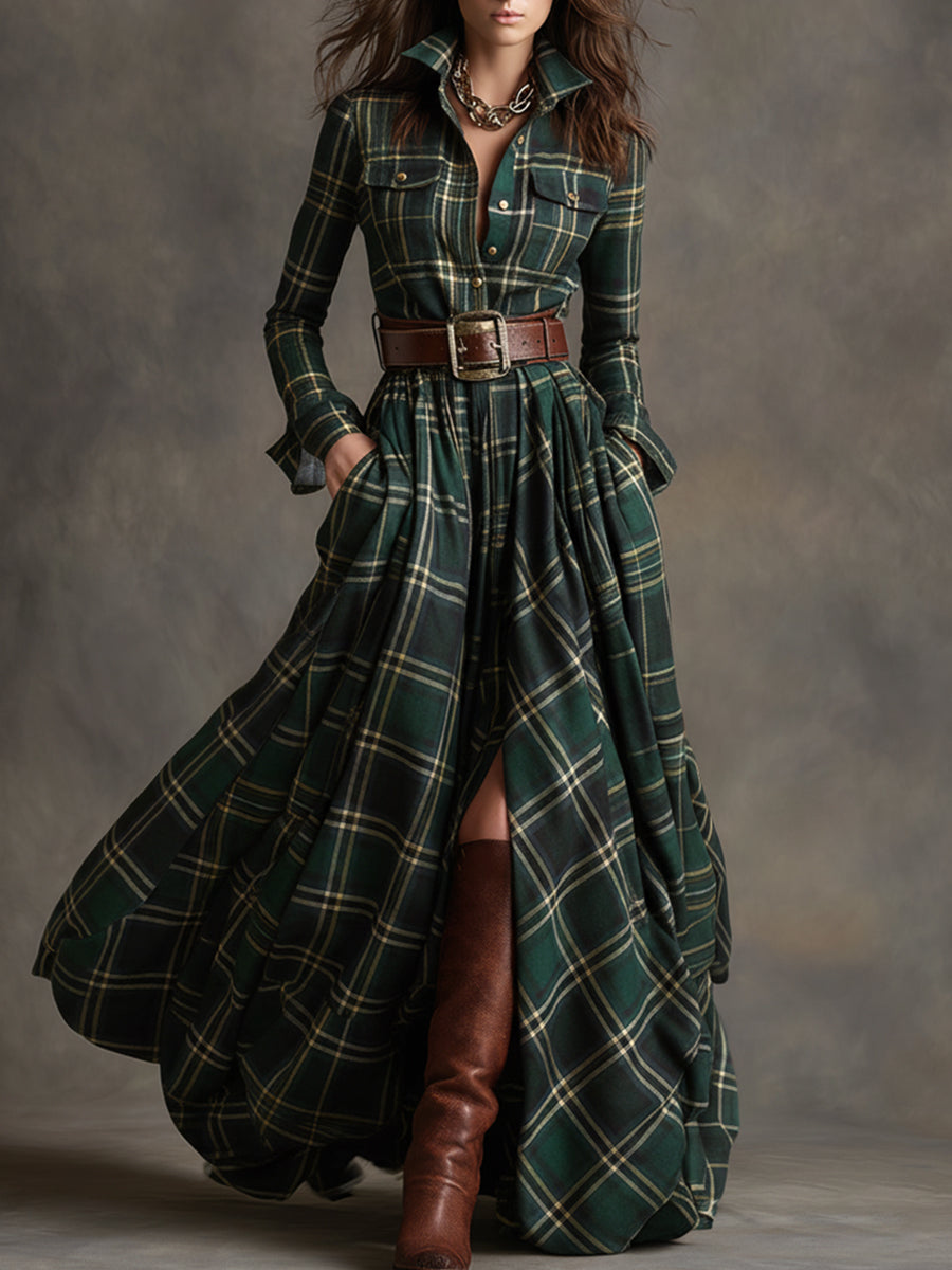 Femme Robe Chemise Longue à Carreaux avec Ceinture et Col Chemisier