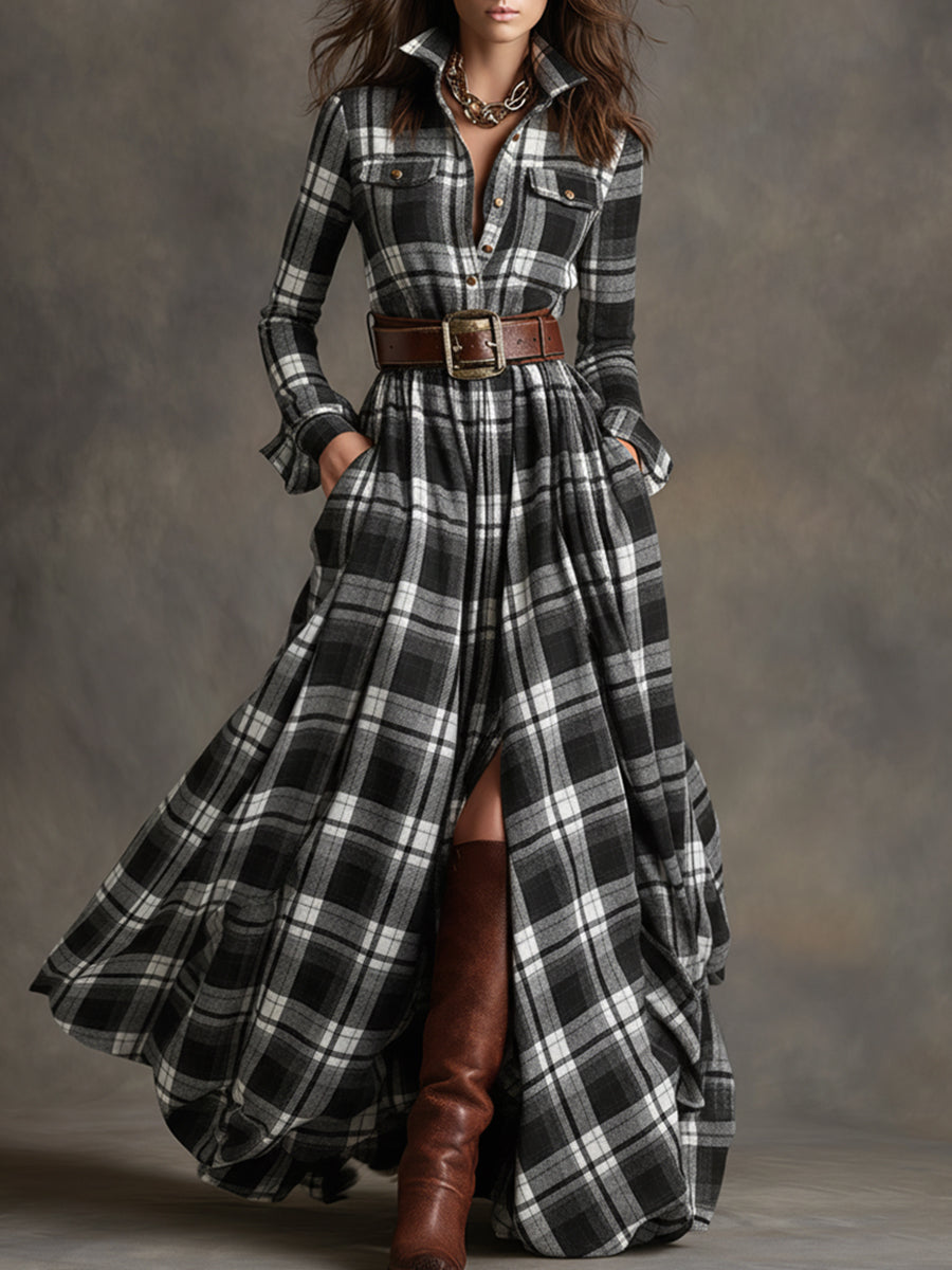 Femme Robe Chemise Longue à Carreaux avec Ceinture et Col Chemisier