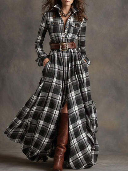 Femme Robe Chemise Longue à Carreaux avec Ceinture et Col Chemisier