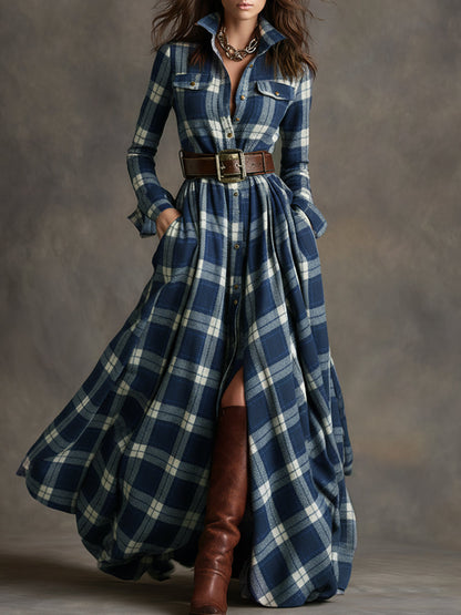 Femme Robe Chemise Longue à Carreaux avec Ceinture et Col Chemisier