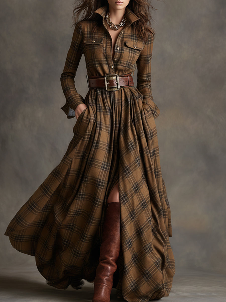Femme Robe Chemise Longue à Carreaux avec Ceinture et Col Chemisier