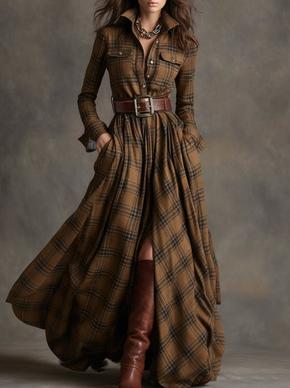 Femme Robe Chemise Longue à Carreaux avec Ceinture et Col Chemisier