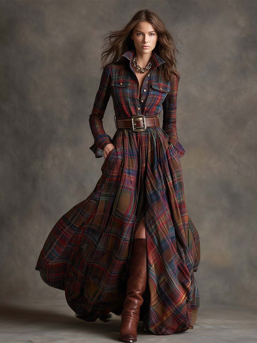 Femme Robe Chemise Longue à Carreaux avec Ceinture et Col Chemisier