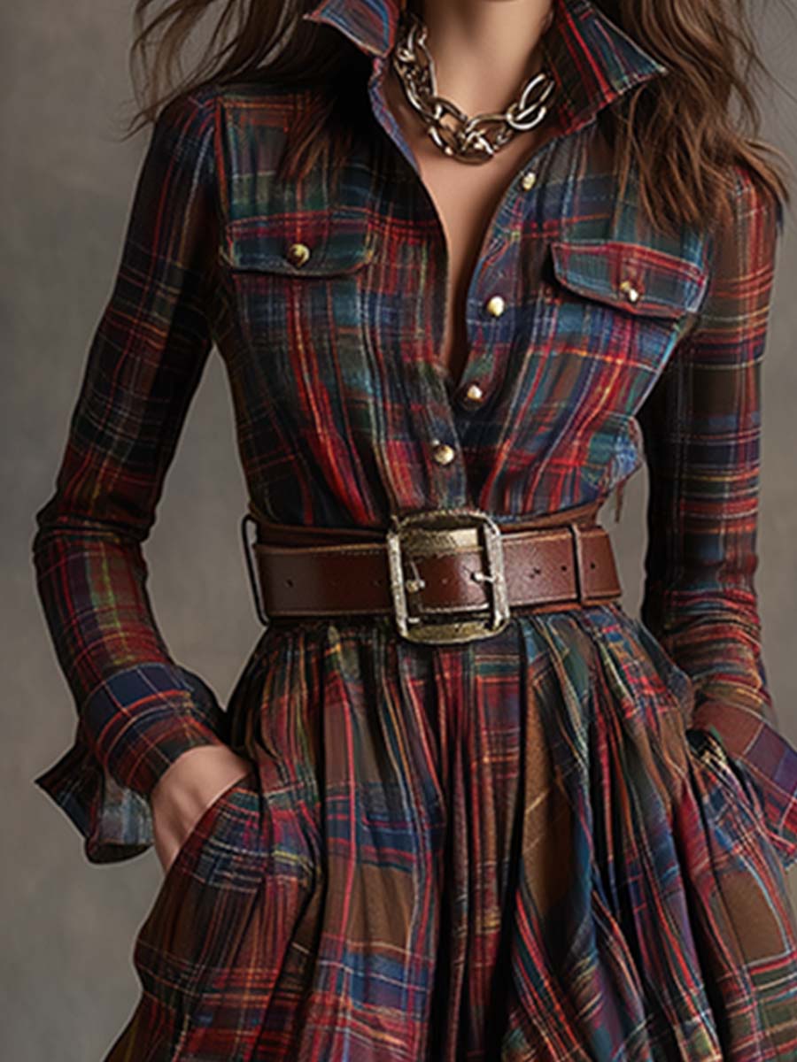 Femme Robe Chemise Longue à Carreaux avec Ceinture et Col Chemisier