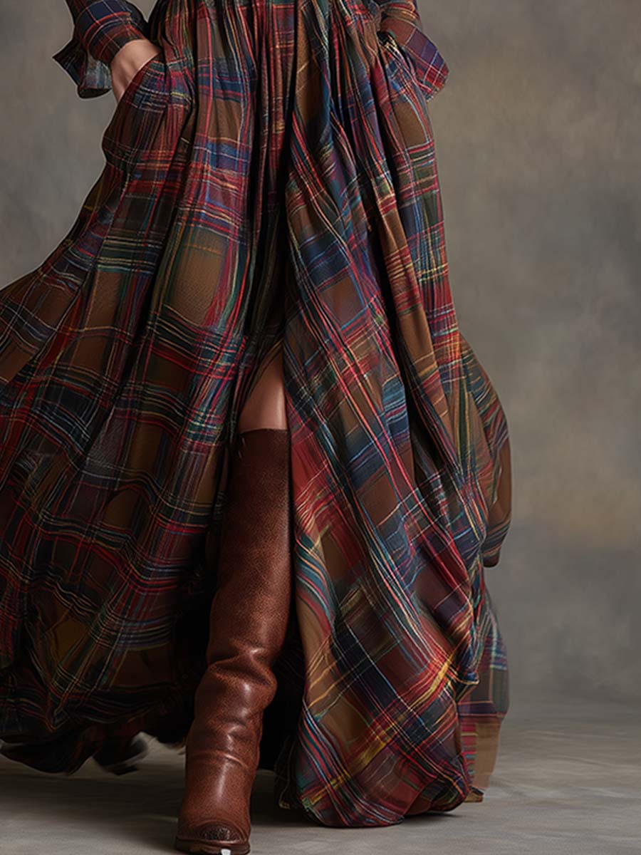 Femme Robe Chemise Longue à Carreaux avec Ceinture et Col Chemisier