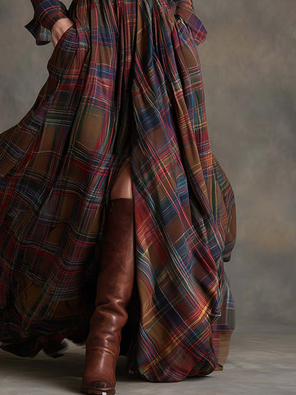 Femme Robe Chemise Longue à Carreaux avec Ceinture et Col Chemisier