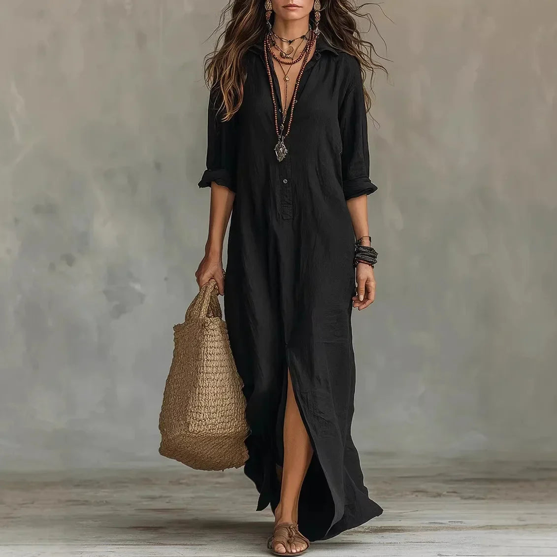 Femme Robe Chemise Maxi Manches Trois-Quarts col Rabattu et Fente Latérale