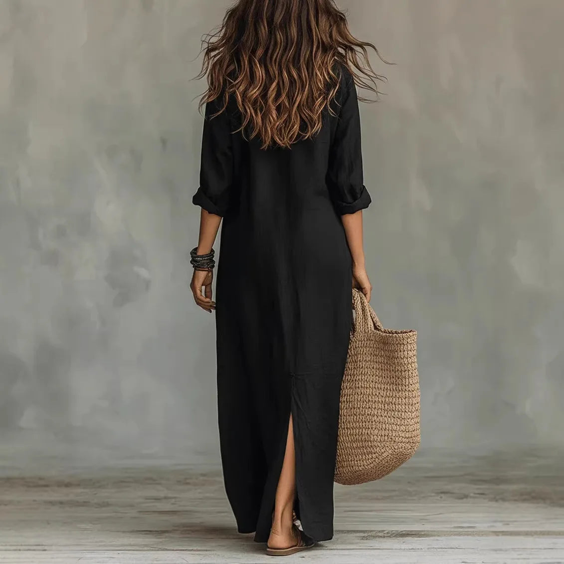 Femme Robe Chemise Maxi Manches Trois-Quarts col Rabattu et Fente Latérale