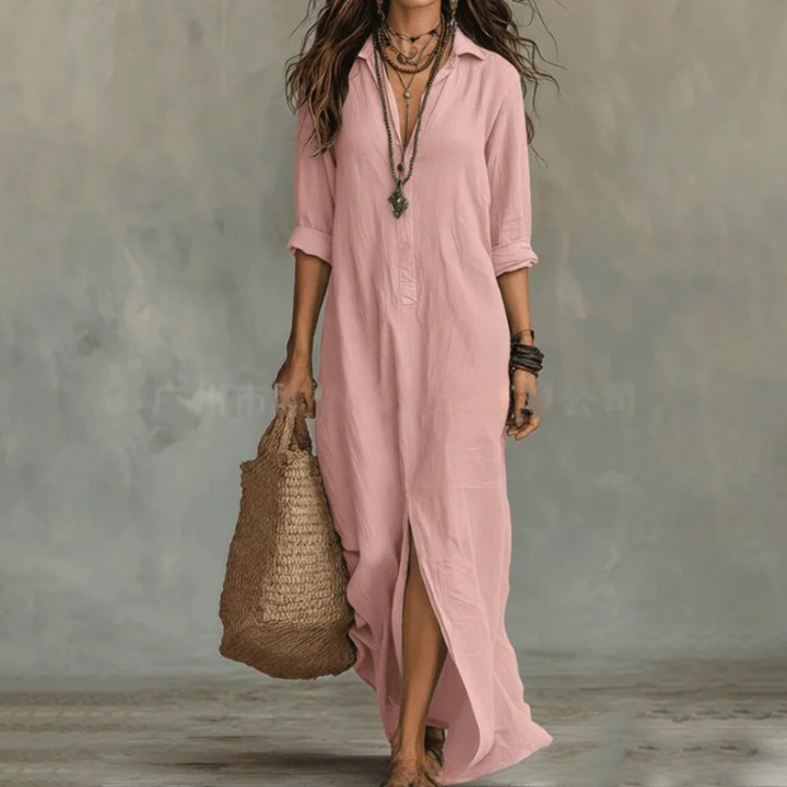 Femme Robe Chemise Maxi Manches Trois-Quarts col Rabattu et Fente Latérale