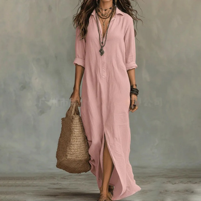 Femme Robe Chemise Maxi Manches Trois-Quarts col Rabattu et Fente Latérale