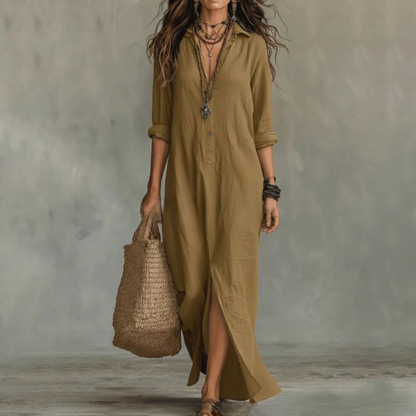 Femme Robe Chemise Maxi Manches Trois-Quarts col Rabattu et Fente Latérale